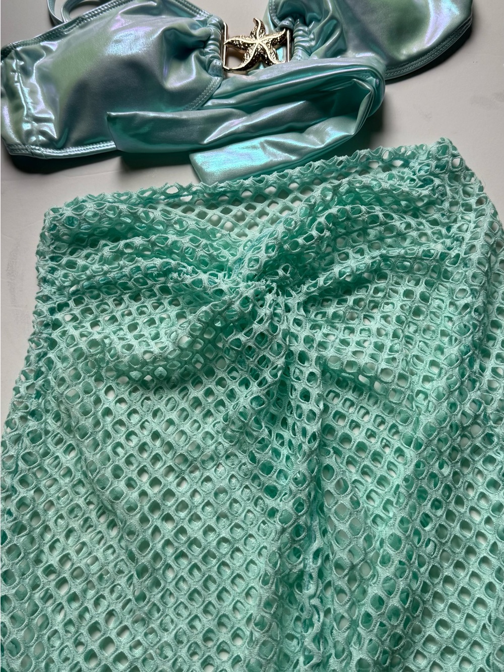 Iridescent Mint Bandeau Bikini Top with Mint Crochet Cover-Up